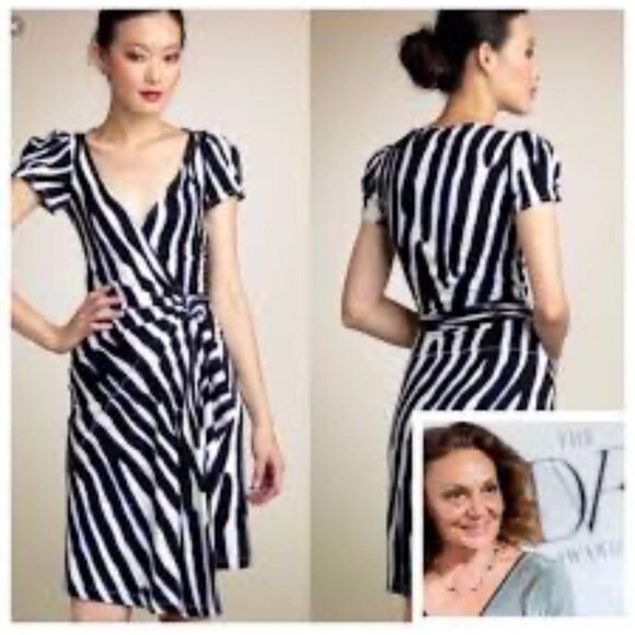 Diane Von Furstenberg Wrap Dress Size 4 Navy Animal Stripe Knit Cap Sleeve - Picture 7 of 7